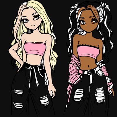 2 girls in crop tops and baggy jeans ripped