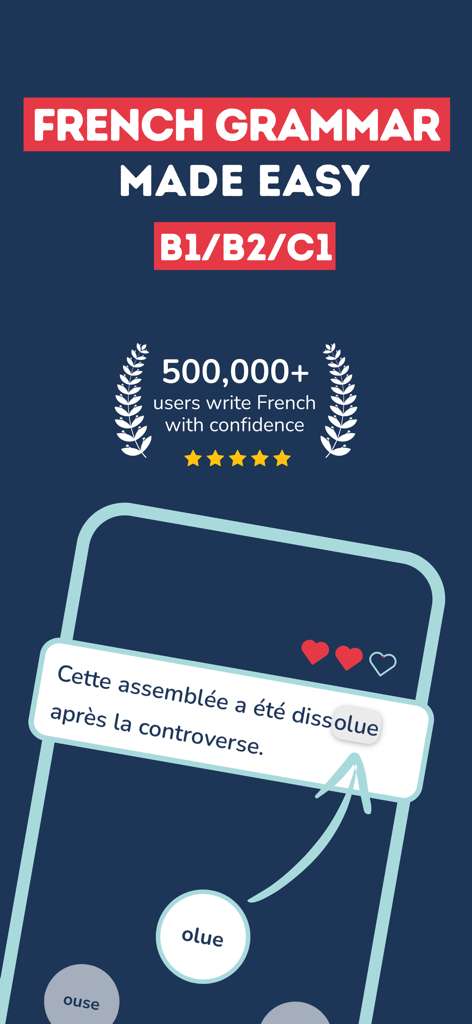 Français sans Fautes - Grammar - インタラクティブなフランス語文法演習を示すモバイルアプリのインターフェース（上級学習者向け）