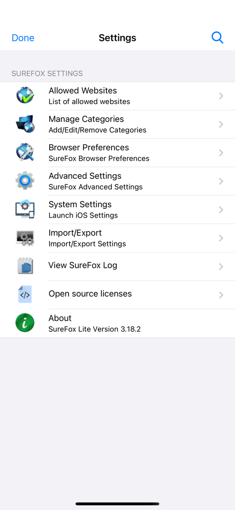 SureFox Kiosk Browser administration settings menu showing configuration options