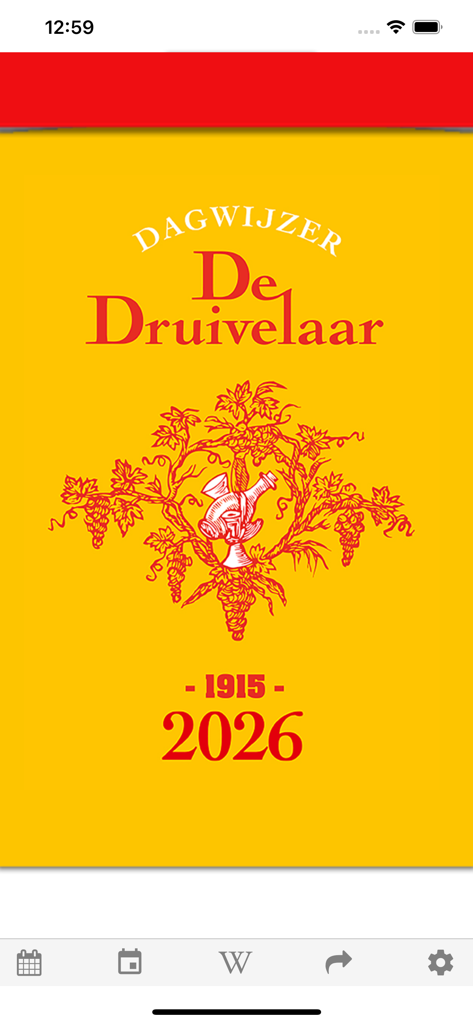 Cover of the Digitale Druivelaar 2026 app featuring its traditional yellow and red design with grapevine illustration.