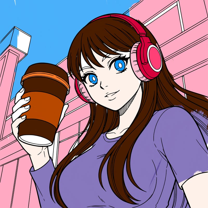 a clean girl with headphones and long hair, she is holding a matcha in her hand.