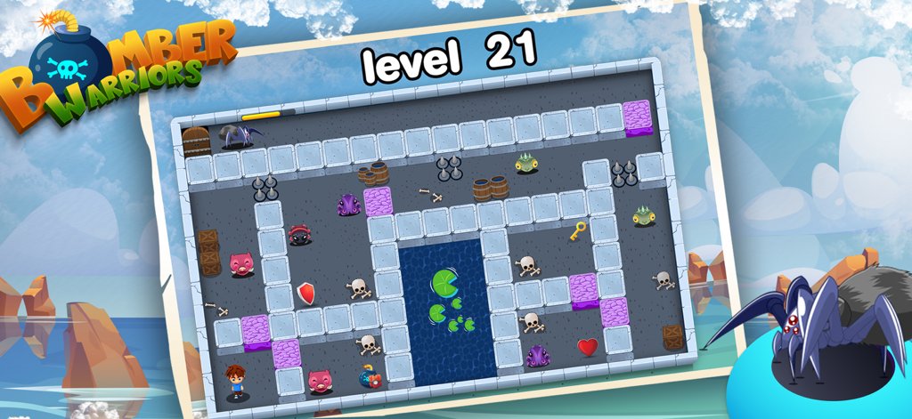 Bomber Strike Adventure - ボンバース トライク アドベンチャーのレベル21のトップダウンアーケードゲームプレイ。迷路と敵が登場。