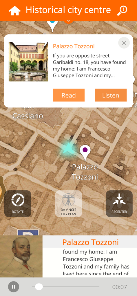 Interfaz de la aplicación VisitARe Imola que muestra un mapa histórico y una audioguía para el Palazzo Tozzoni