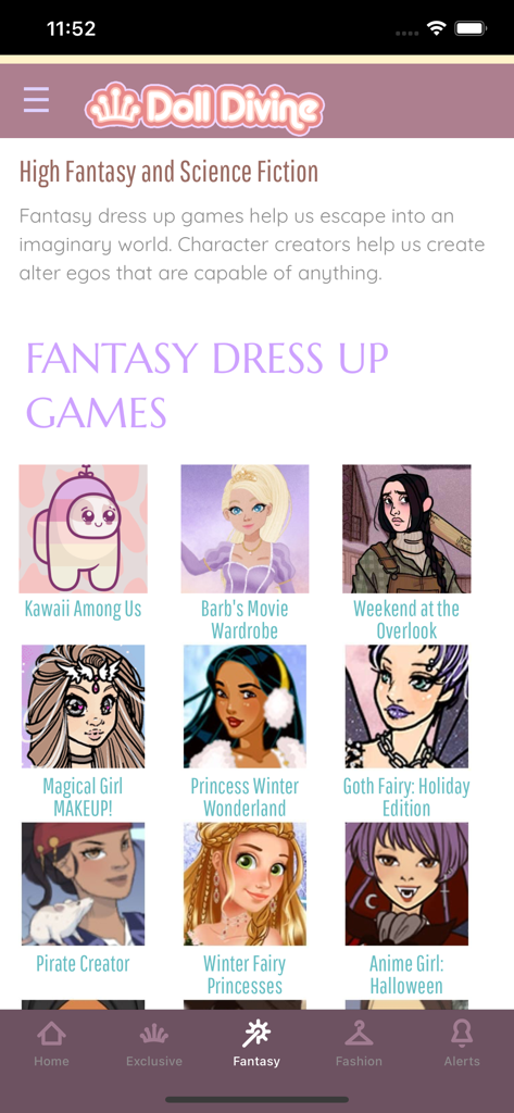 Doll Divine - Doll Divineアプリのインターフェースに、様々なファンタジーテーマの着せ替えゲームが表示されています
