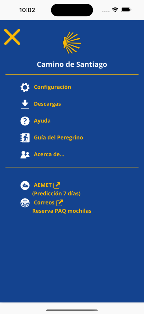 Caminos de Santiago - Il menu di navigazione principale dell'app Caminos de Santiago con la Guida del Pellegrino e i servizi meteo.