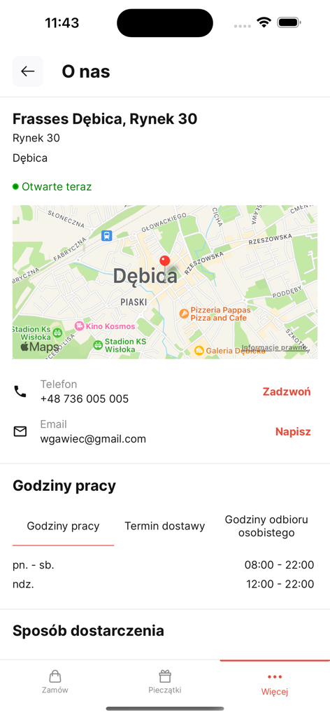 Frasses - About us screen of Frasses app showing restaurant location map, contact details and opening hours in Debica