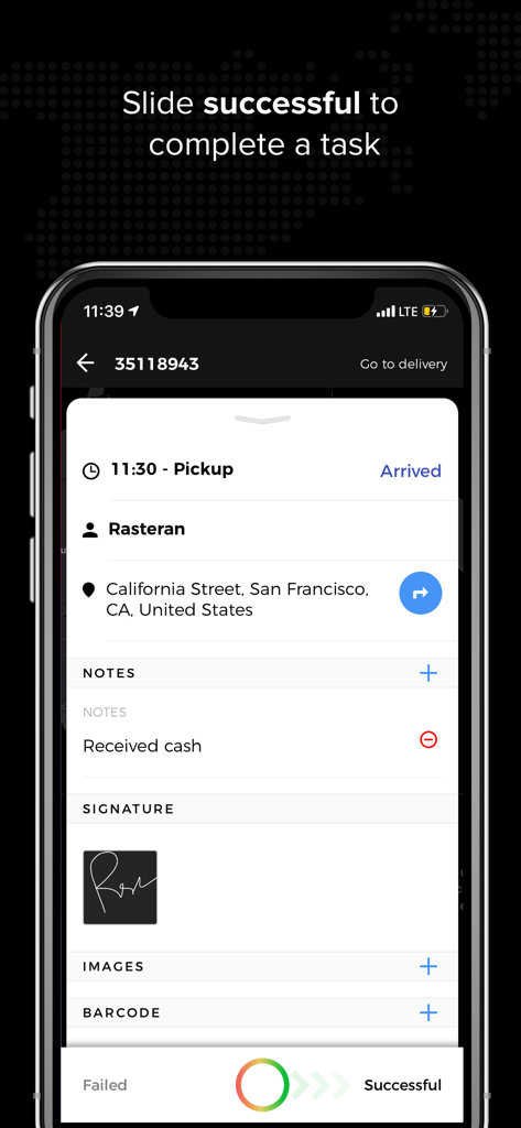 Tookan Agent - Tookan Agent mobile app interface showing delivery task details including signature capture and proof of delivery notes