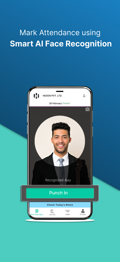 SalaryBox mobile app displaying AI face recognition for employee attendance