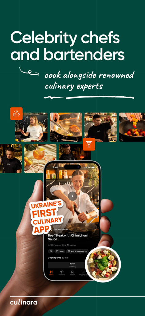 A smartphone showing the Culinara app interface with professional video recipes led by celebrity chefs.