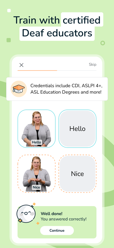 ASL Bloom - Sign Language - Tela do aplicativo ASL Bloom com um quiz de correspondência de língua de sinais apresentando educadores surdos certificados.