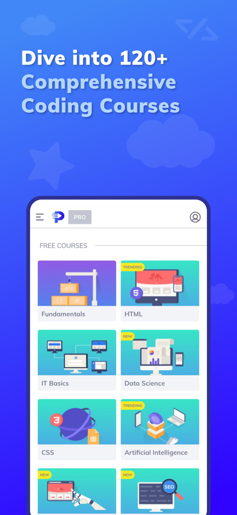 Mobile app interface of Programming Hub showing a library of coding courses including HTML Data Science and Artificial Intelligence