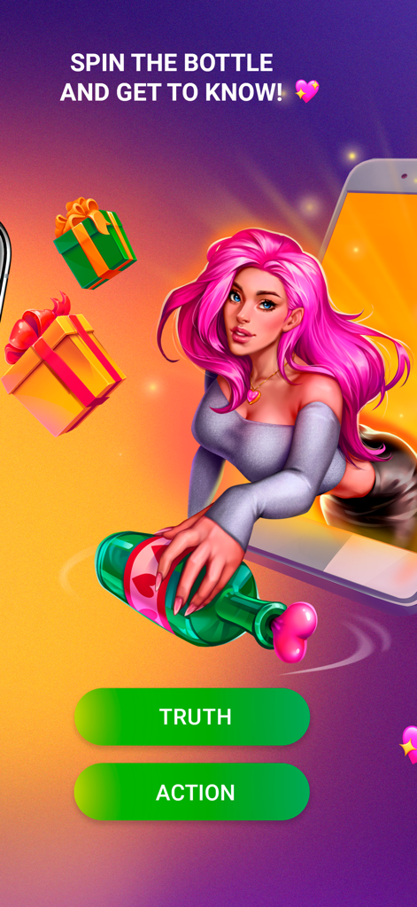 Kiss me: Kissing Games Bottle - Kiss Me app interface showing a pink-haired woman spinning a bottle with Truth and Action game buttons.