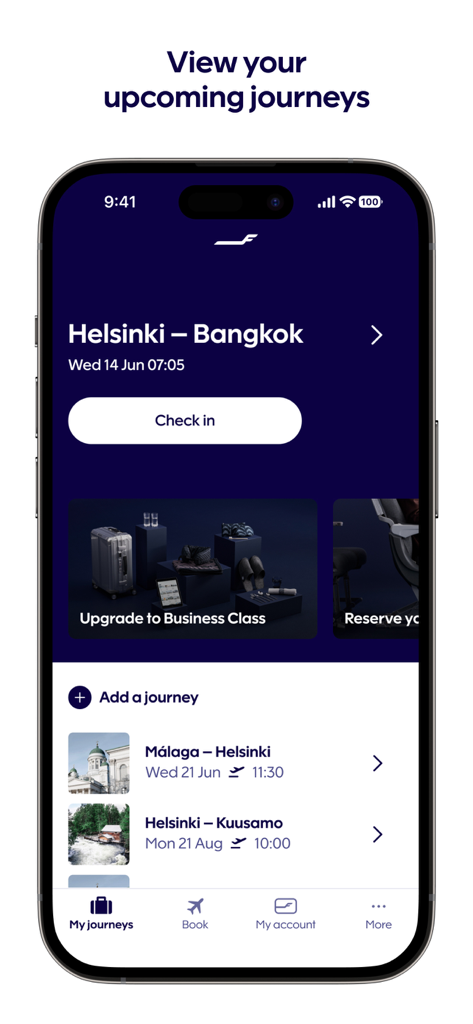 Interfaz de la app Finnair que muestra detalles de próximos vuelos y opciones de check-in.