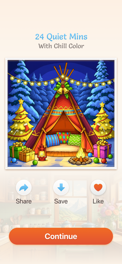 Chill Color - Paint by Number - Página de colorir finalizada de uma barraca festiva com uma fogueira e árvores de Natal à noite.