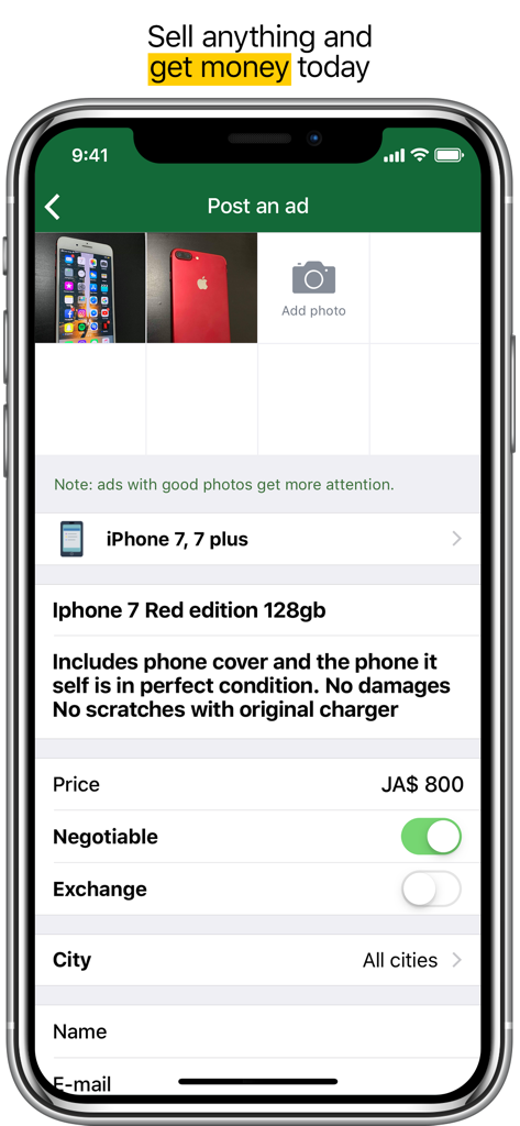 Screenshot of Jacars app post an ad screen for selling an iPhone in Jamaica