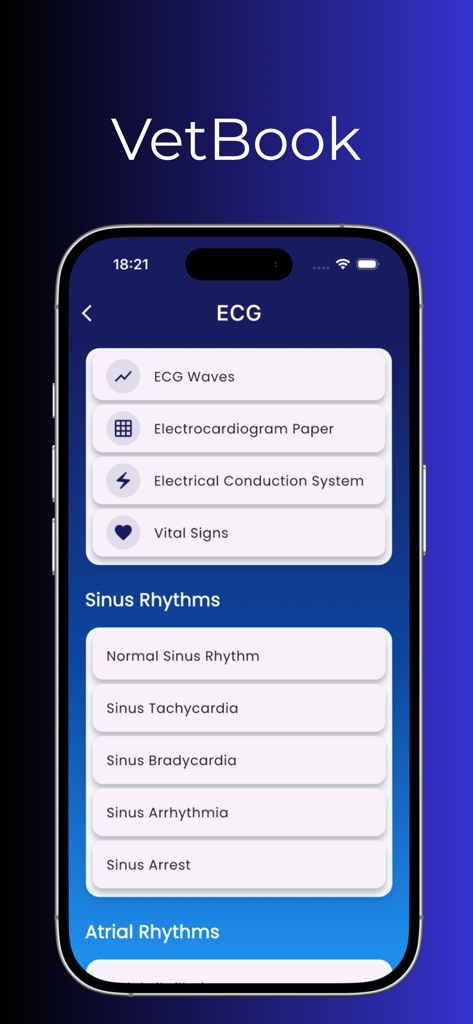 Vetbook App screen showing veterinary ECG information and sinus rhythm protocols.