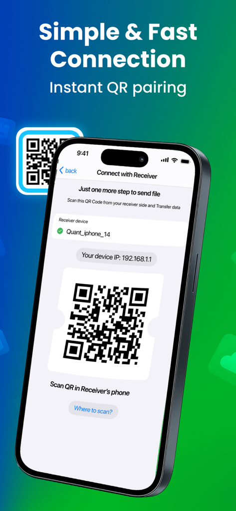 Smartphone interface showing a QR code for instant device pairing and data transfer.