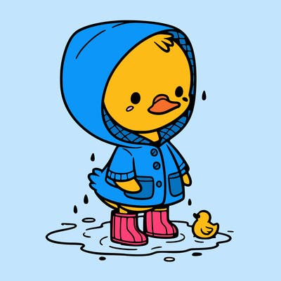 baby duck in a rain coat and boots, in a puddle while it’s raining