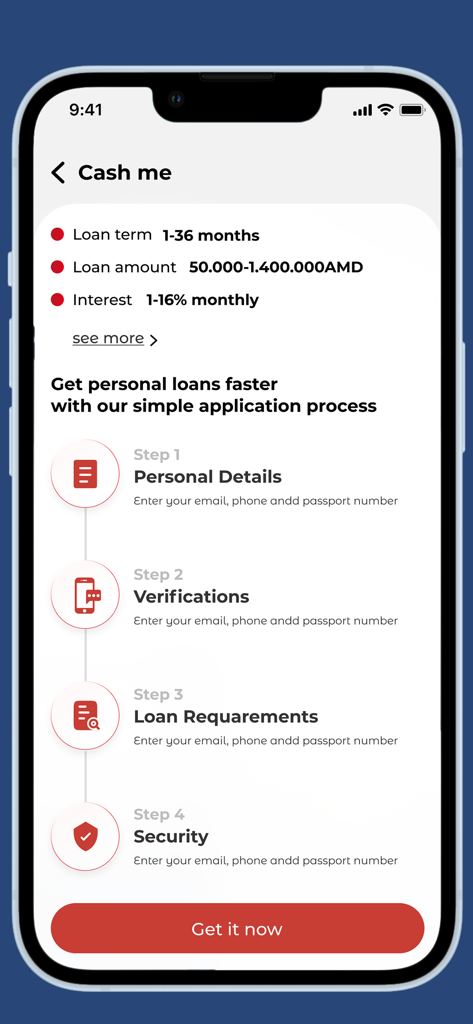 CashMe GC - Four-step application process for personal loans on the CashMe GC mobile app