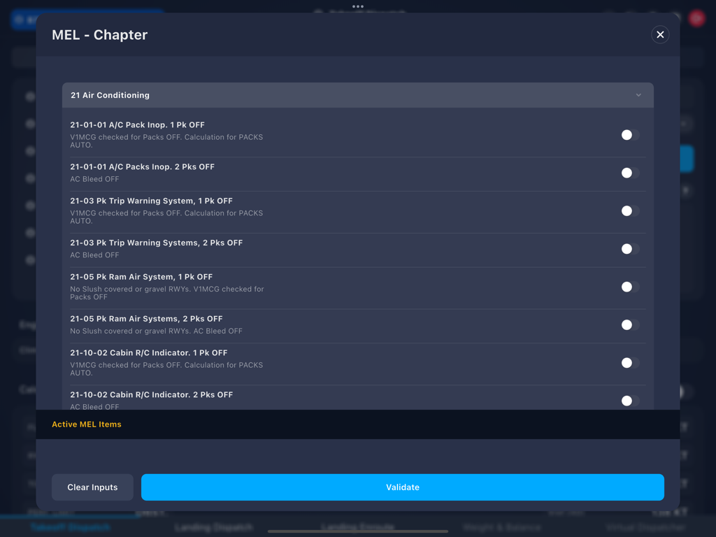 Interface of the Virtual Performance Tool showing the Minimum Equipment List selection for aircraft air conditioning systems.