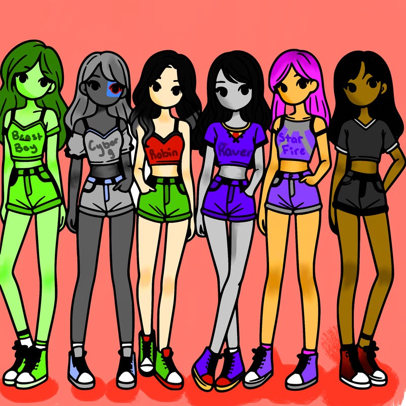 a group of girls wearing crop tops and shorts