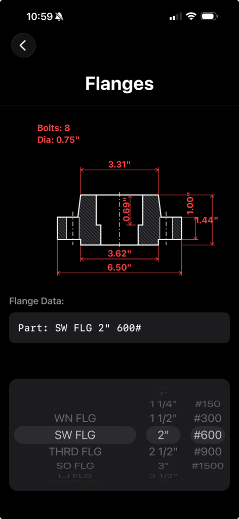 配管継手アプリの技術的なフランジア図、寸法とサイズ選択ローラーを示す