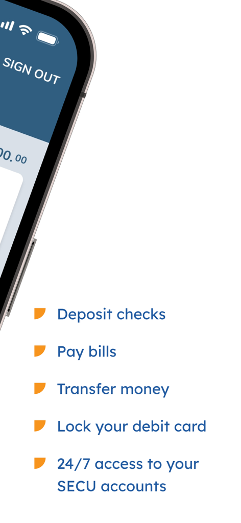 SECU - SECU mobile app interface showing banking features like mobile check deposit and bill pay