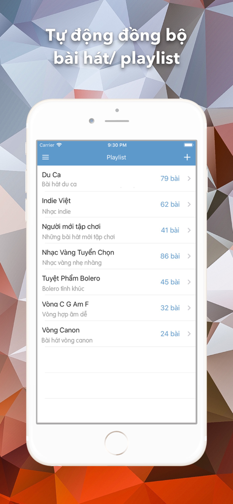 Hop Am Chuan guitar tabs app showing a list of Vietnamese music playlists with a synchronization feature.