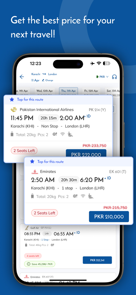 Sastaticket.pk mobile app interface showing flight options and prices from Karachi to London for airlines like PIA and Emirates.