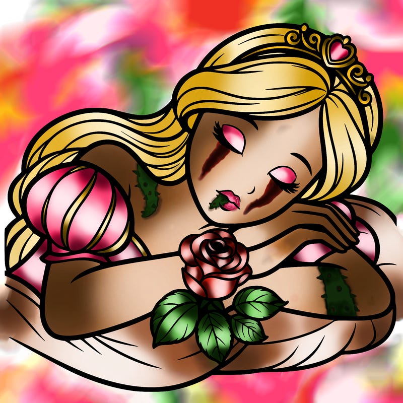 a fairytale princess sleeping with her hands crossed on her chest and a rose on her chest realistic