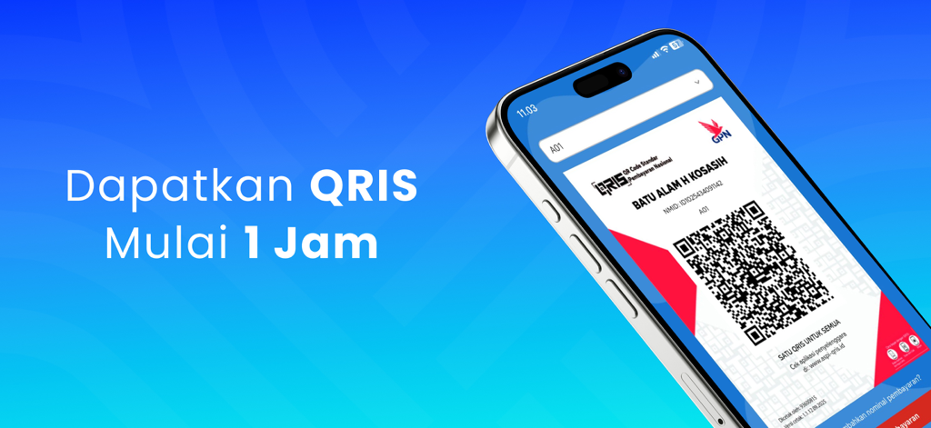 Smartphone displaying a QRIS payment code from the InstaQRIS app with fast one hour activation text
