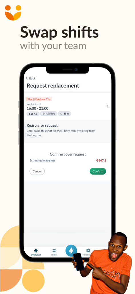 Uma interface móvel do aplicativo Workforce.com mostrando um formulário de solicitação de troca de turno com cálculo de perda salarial estimada.