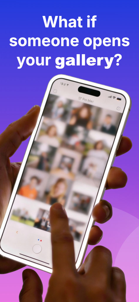 Private Photo & Video Lock - A smartphone screen showing a blurred photo gallery with text asking what if someone opens your gallery to highlight privacy concerns.