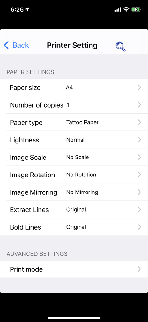 TOEC Printer - Printer settings screen in the TOEC Printer app showing options for tattoo paper and image adjustments.