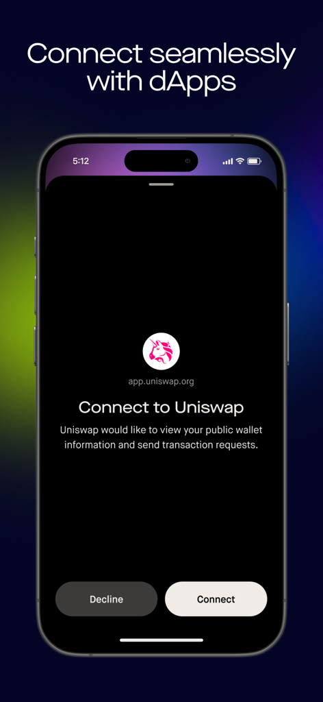 Robinhood Wallet 앱 화면에 Uniswap 탈중앙화 애플리케이션과 원활하게 연결하라는 메시지가 표시됩니다.
