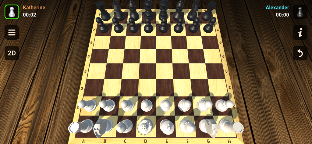 A 3D perspective of a classic chess board with black and white pieces on a wooden table
