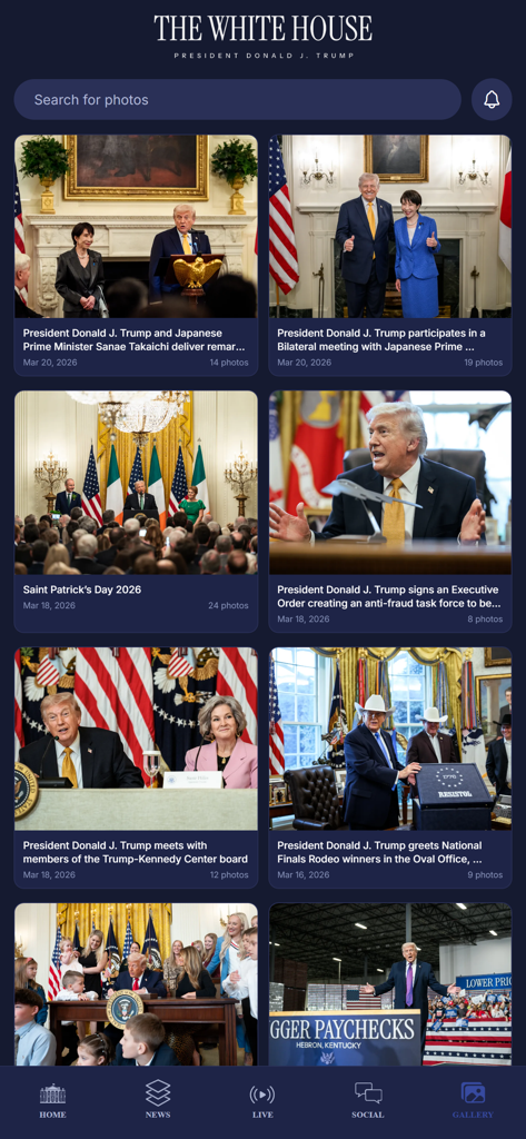 The photo gallery section of The White House mobile app showing various images of President Donald J. Trump during official meetings and events