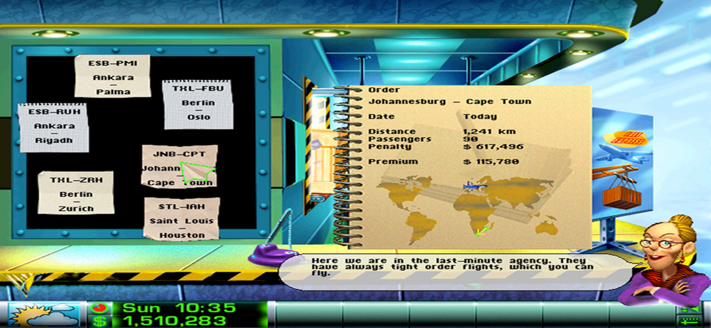 Airline Tycoon Deluxe - Flight management screen with order details in Airline Tycoon Deluxe