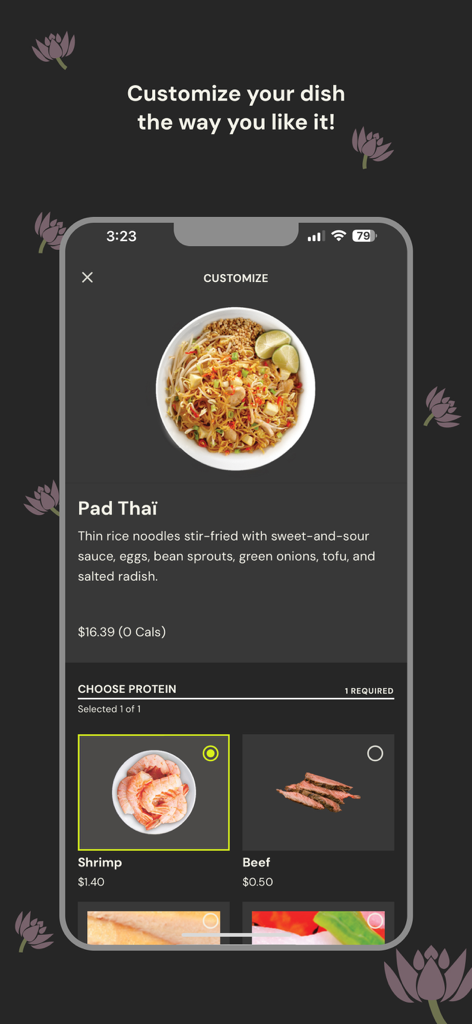 Interfaz de la aplicación Thai Express Canadá para personalizar un plato de Pad Thai