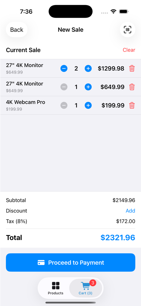 Inventory & Sales Manager - Mobile point of sale interface showing checkout items and total price.