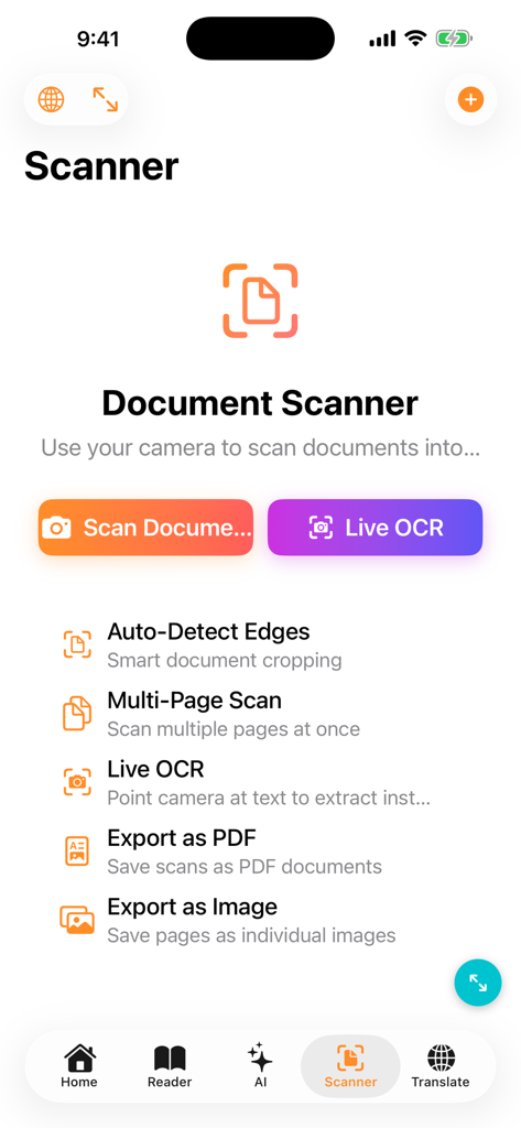 SeekerPDF - SeekerPDFアプリのドキュメントスキャナー画面。OCRとPDFエクスポートオプション付き。
