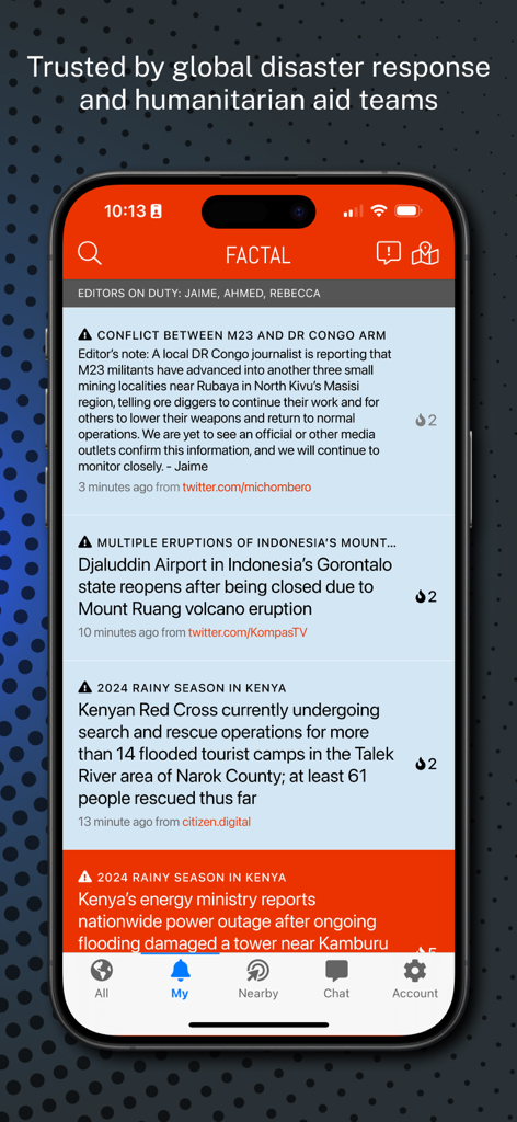 Factal News - Factal News App-Oberfläche, die einen Feed von von Journalisten verifizierten Eilmeldungen und Katastrophenschutzalarmen anzeigt