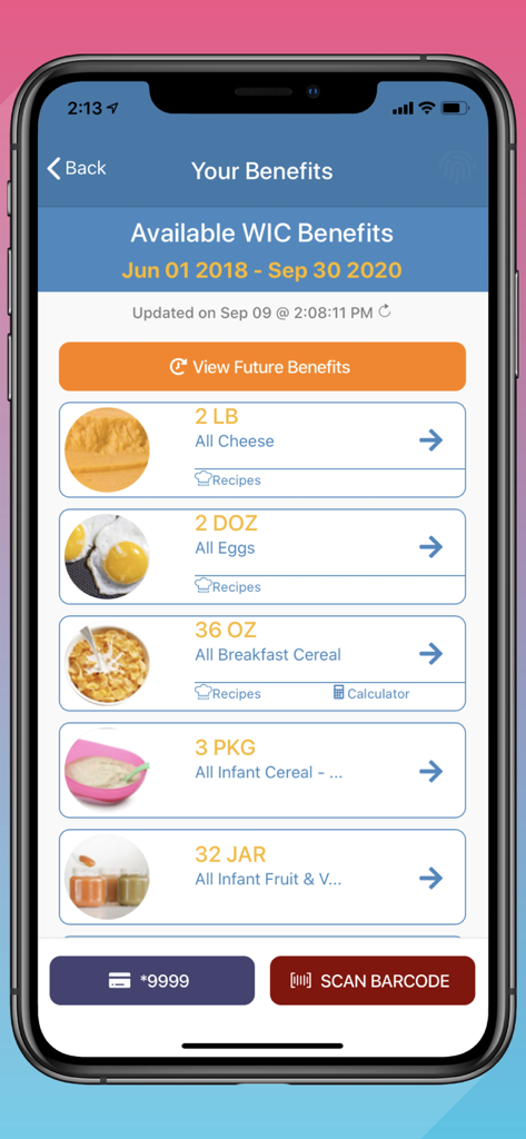 Smartphone screen displaying available WIC benefits for food items like eggs cheese and cereal
