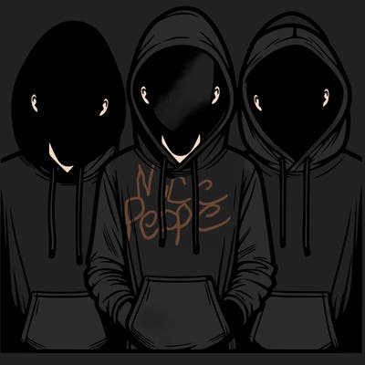 3 faceless people in  hoodies