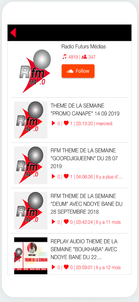 RFM Radio Senegal app interface showing a list of podcast replays and weekly themes.