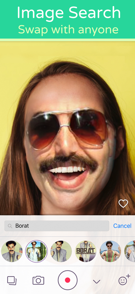 Interface do Face Swap Live Lite mostrando uma troca de rosto em tempo real com um personagem encontrado através do recurso de pesquisa de imagens da web.