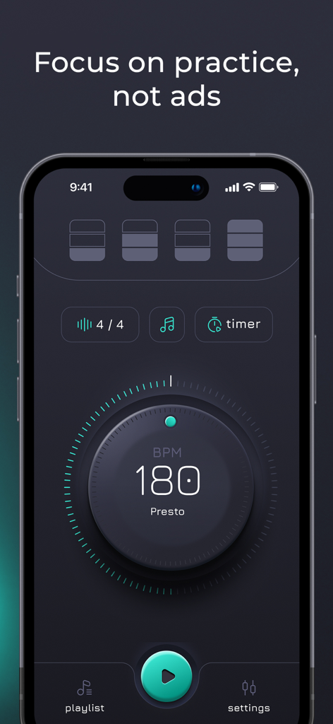 Interfaz de una aplicación de metrónomo sin distracciones en modo oscuro mostrando un dial de tempo de 180 BPM