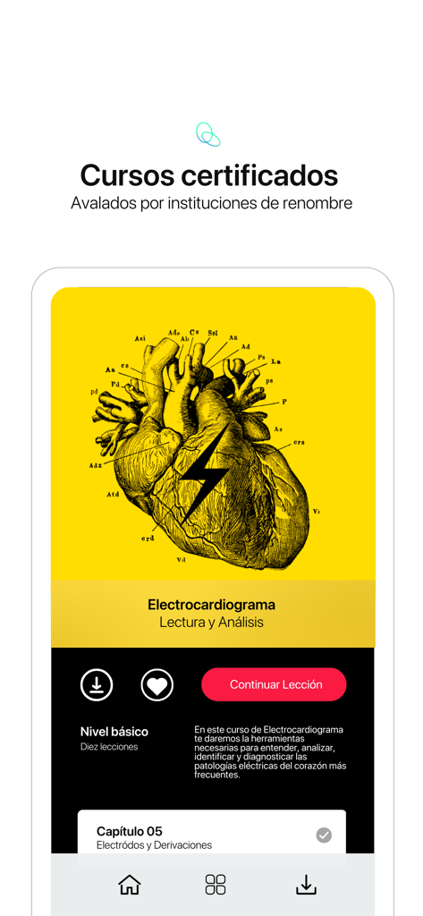 Medu - Interfaz de la aplicación Medu mostrando un curso certificado de lectura y análisis de electrocardiogramas para estudiantes y profesionales médicos.