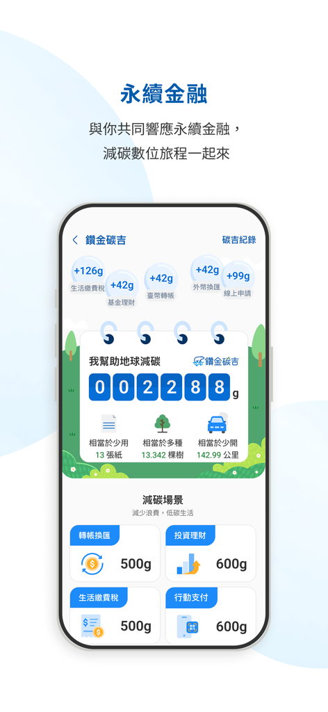 Yuanta Commercial Bank App Benutzeroberfläche mit CO2-Reduktions-Tracking und ESG-Funktionen