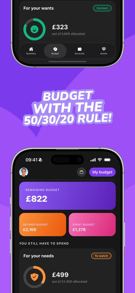 Trya - Budget Planner & Money - Trya app interface displaying budget planning using the 50 30 20 rule and spending dashboard cards in dark mode.